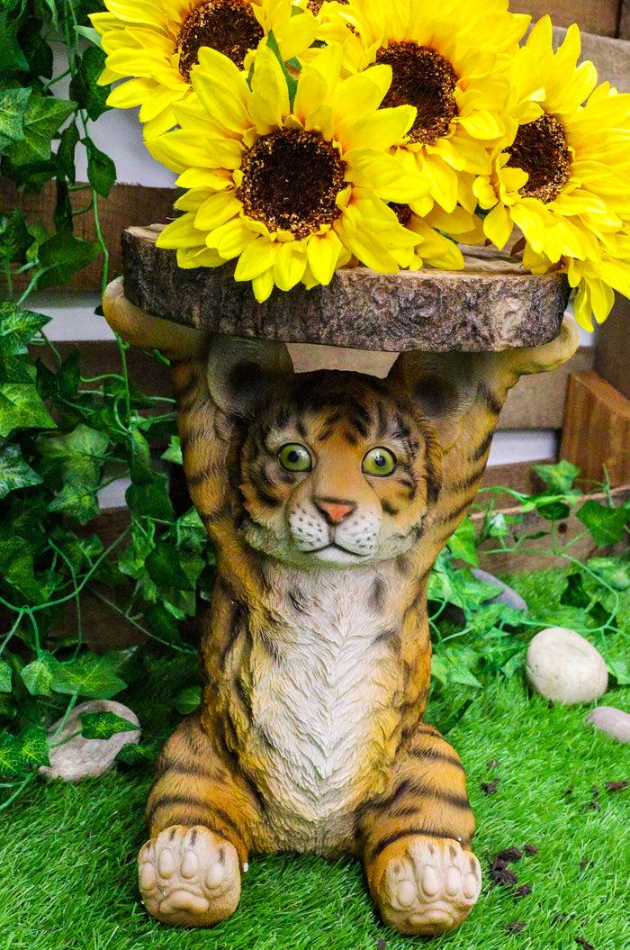 Jungle Bengal Orange Tiger Cub Holding Faux Wood Slice Table Stand Figurine Jungle Bengal Orange Tiger Cub Holding Faux Wood Slice Table Stand Figurine