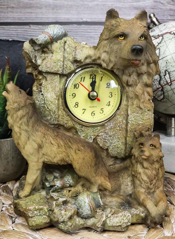 Jungle Forest Woodlands Howling Gray Wolf Timberwolf Family Table Clock Figurine
