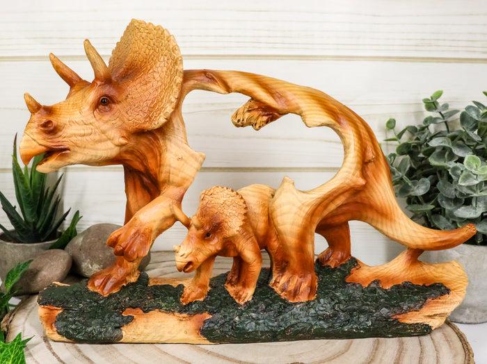 Jurassic Dinosaur 3 Horns Triceratops Father And Baby Faux Wood Cutout Figurine