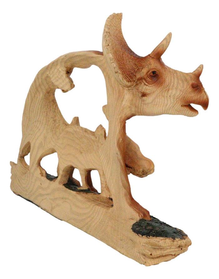 Jurassic Dinosaur 3 Horns Triceratops Father And Baby Faux Wood Cutout Figurine