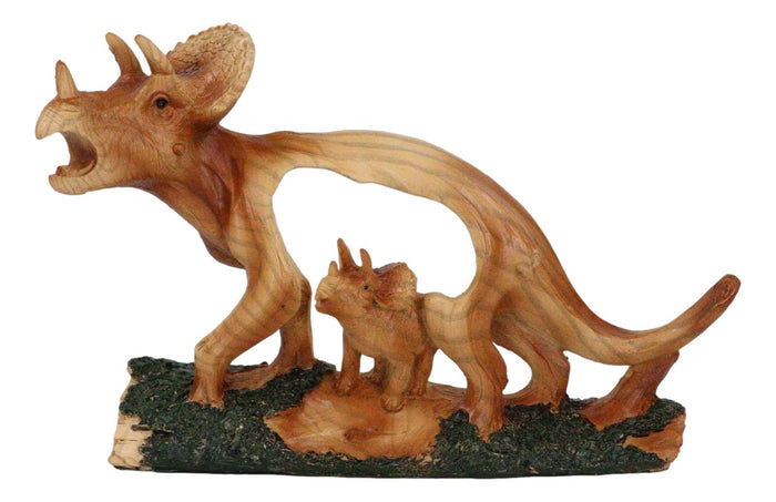 Jurassic Dinosaur 3 Horns Triceratops Mother And Baby Faux Wood Cutout Figurine