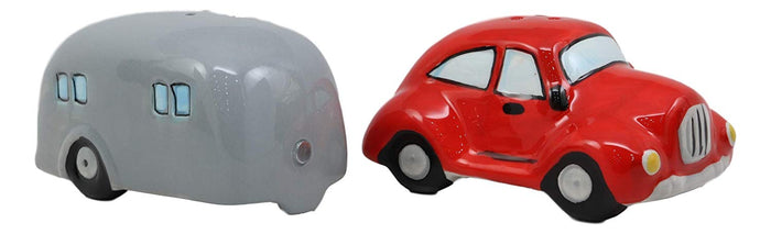 Kissing Red Vintage Car And Grey Camper Trailer Magnetic Salt And Pepper Shakers
