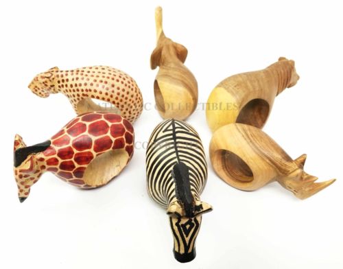 Kitchen Dining Napkin Rings Holders Set Of Six Safari Wild Animals Mahogany Wood