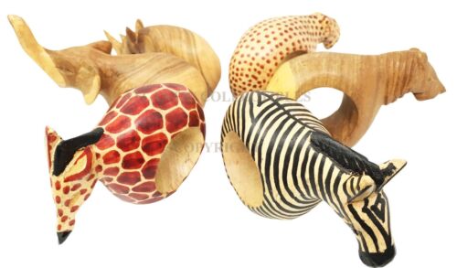 Kitchen Dining Napkin Rings Holders Set Of Six Safari Wild Animals Mahogany Wood