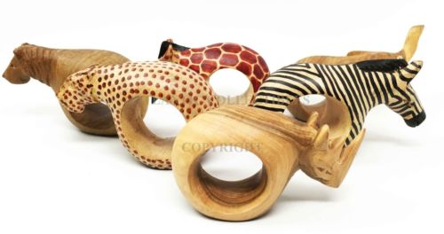 Kitchen Dining Napkin Rings Holders Set Of Six Safari Wild Animals Mahogany Wood