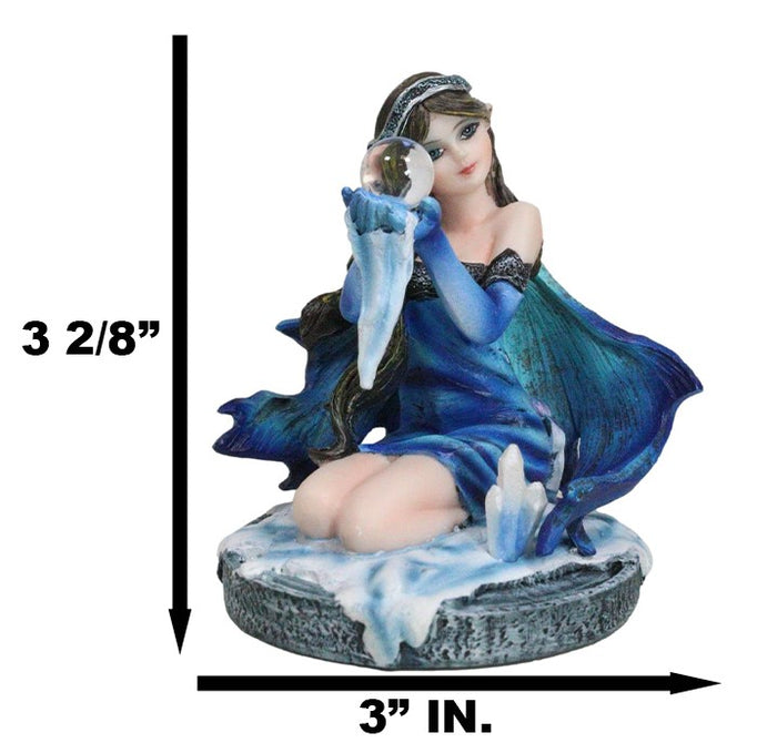 Kneeling Blue Artic Frozen Ice Princess Fairy With Crystal Ball Small Figurine
