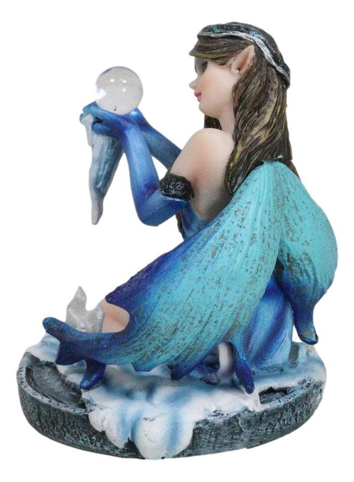 Kneeling Blue Artic Frozen Ice Princess Fairy With Crystal Ball Small Figurine