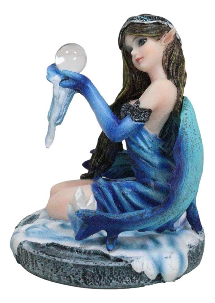 Kneeling Blue Artic Frozen Ice Princess Fairy With Crystal Ball Small Figurine
