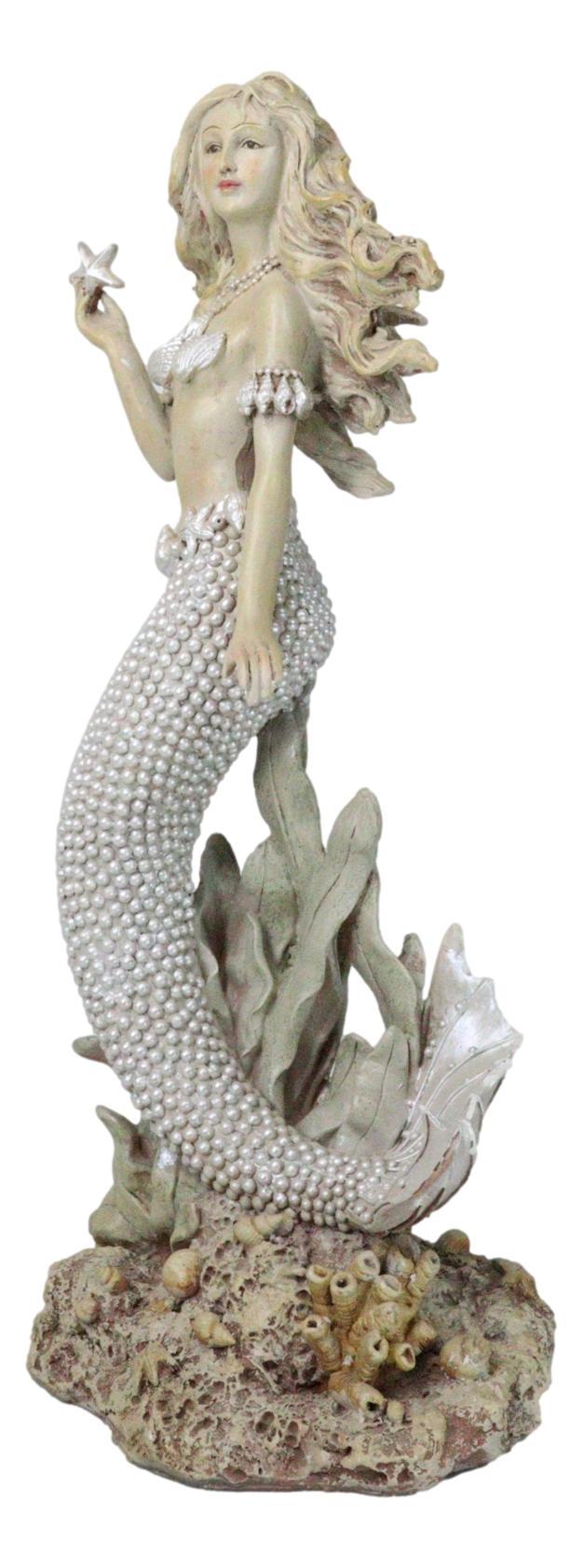 Large 15"H Vintage Sea Queen Ariel Mermaid Holding Starfish By Coral Reef Statue