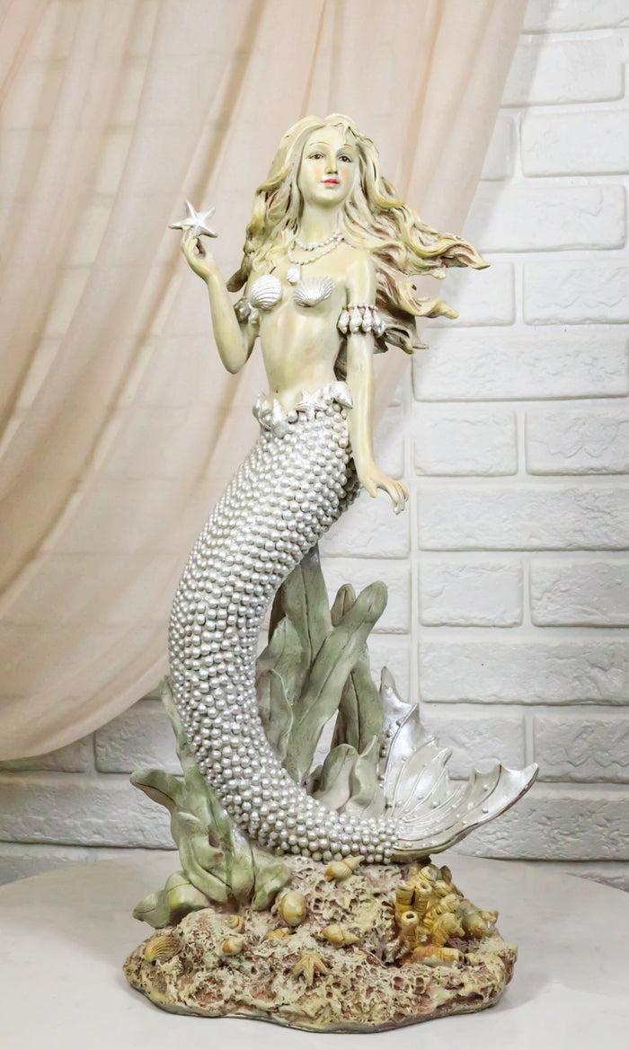 Large 15"H Vintage Sea Queen Ariel Mermaid Holding Starfish By Coral Reef Statue