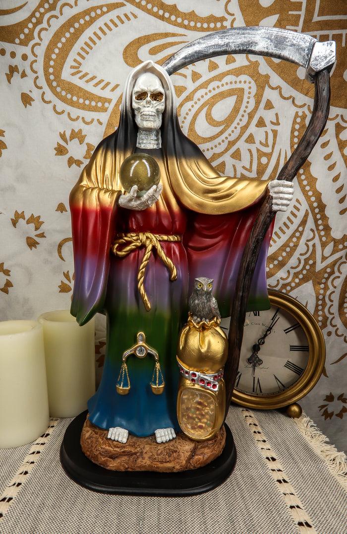 Large 16.75"H Rainbow Holy Death Santa Muerte Holding Scythe Globe W/ Owl Statue