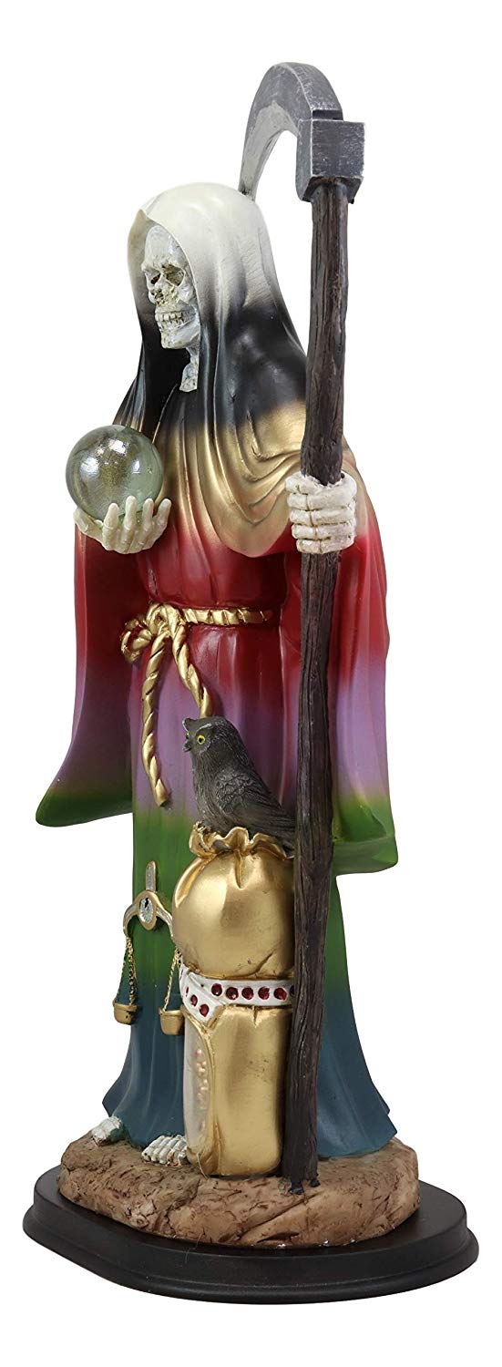 Large 16.75"H Rainbow Holy Death Santa Muerte Holding Scythe Globe W/ Owl Statue