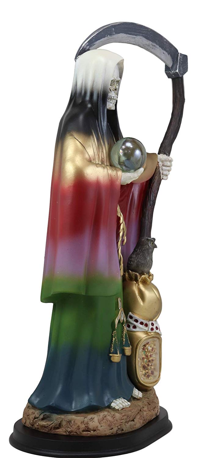 Large 16.75"H Rainbow Holy Death Santa Muerte Holding Scythe Globe W/ Owl Statue
