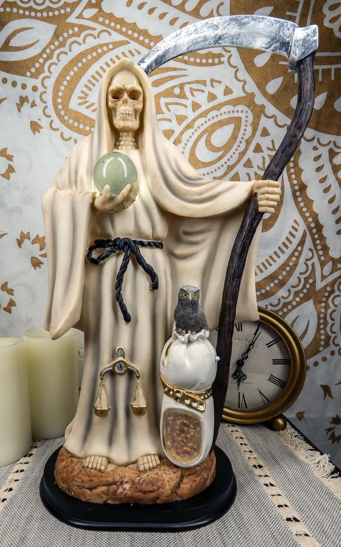 Large 16.75"H White Holy Death Santa Muerte Holding Scythe Globe With Owl Statue