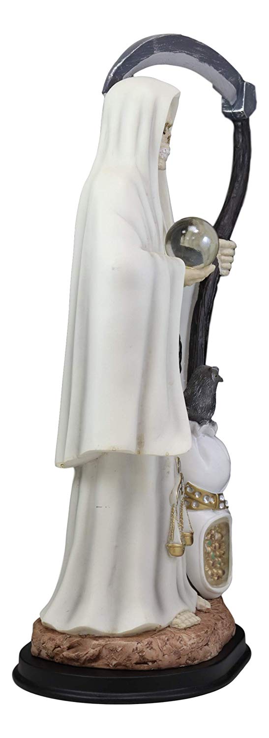 Large 16.75"H White Holy Death Santa Muerte Holding Scythe Globe With Owl Statue