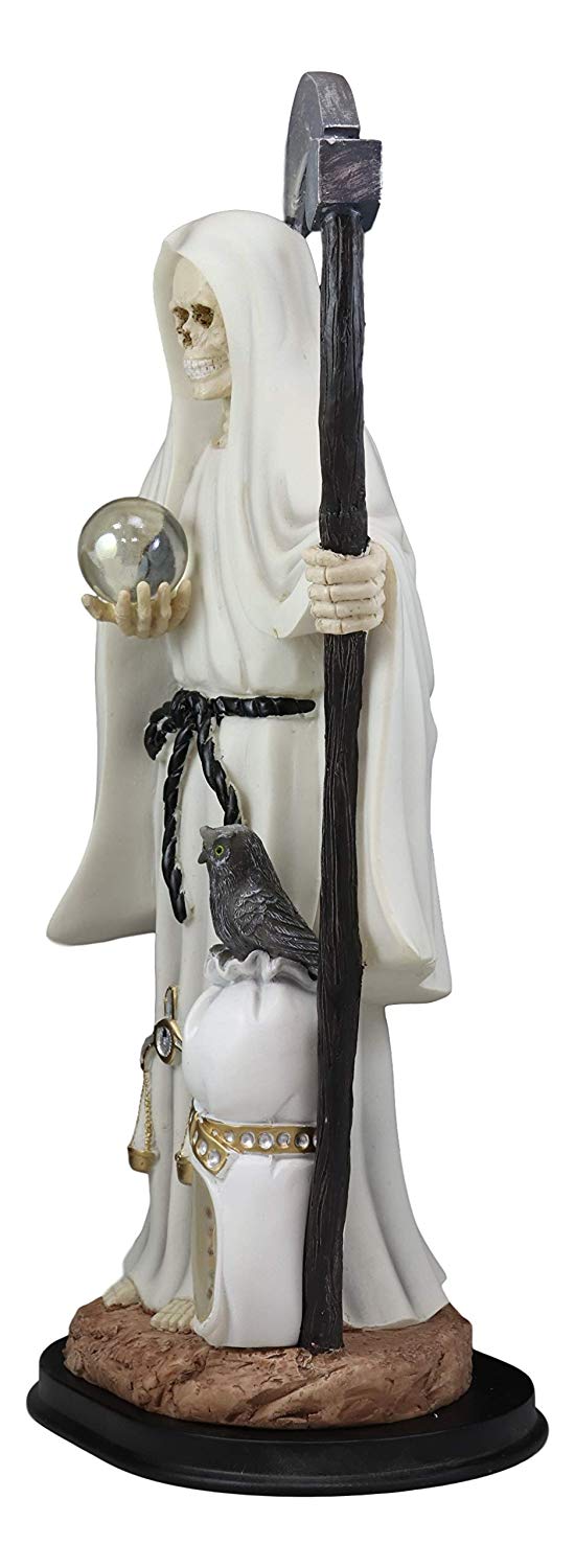 Large 16.75"H White Holy Death Santa Muerte Holding Scythe Globe With Owl Statue
