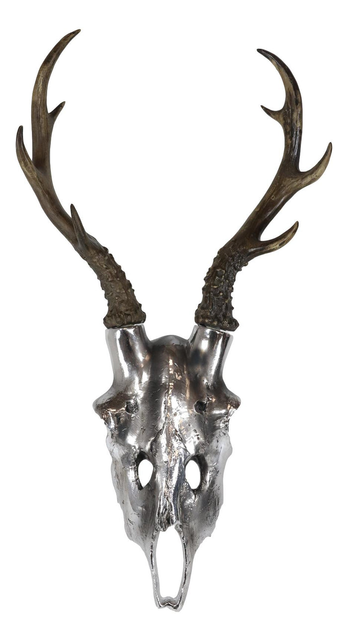 Large 16"H Silver Rustic Deer Buck Head Skull Antlers Wall Decor Plaque Figurine