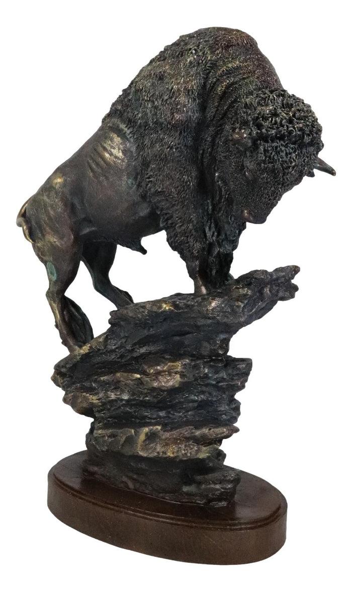 Large 20"H North American Grassland Plains Bison Buffalo On Rocky Slope Statue