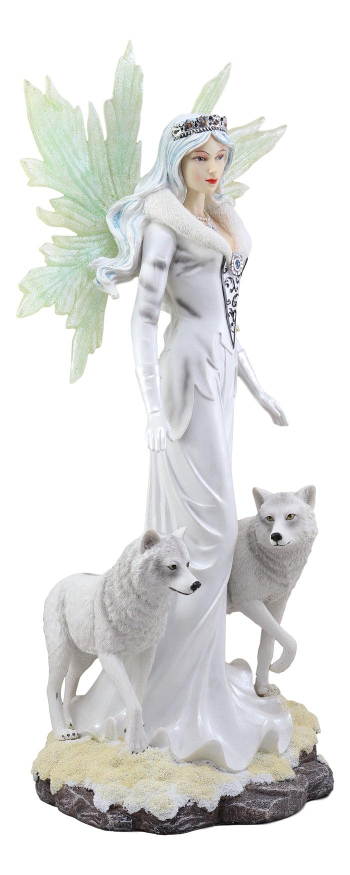 Large 21.25"H Frozen White Witch Fairy With Two Albino Wolf Direwolves Statue
