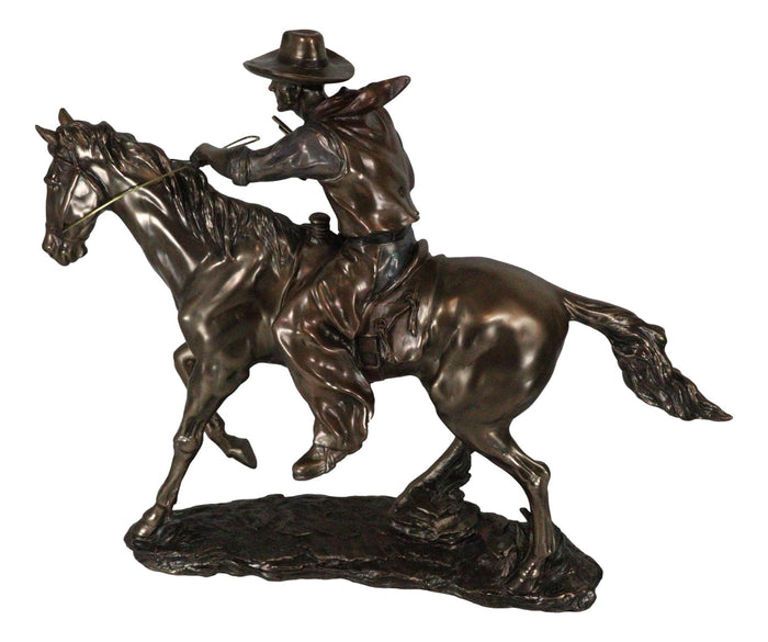 Large 21"Long Cowboy With Pistol On Horse Figurine Faux Bronze Resin Statue