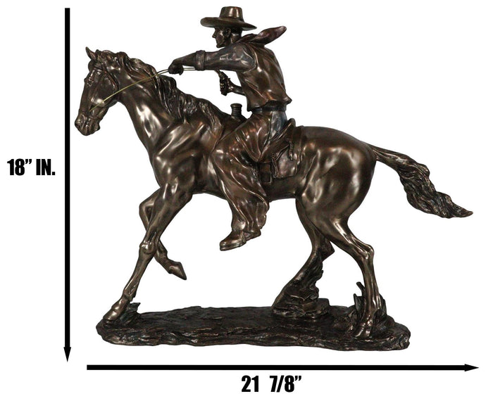 Large 21"Long Cowboy With Pistol On Horse Figurine Faux Bronze Resin Statue