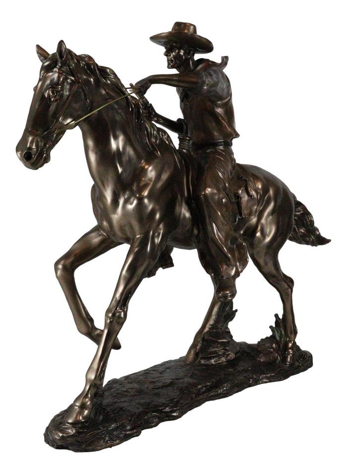 Large 21"Long Cowboy With Pistol On Horse Figurine Faux Bronze Resin Statue