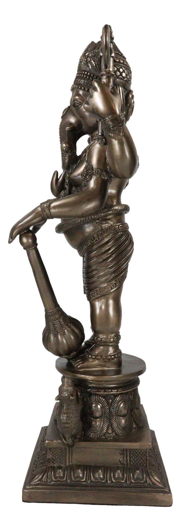 Large 21" Tall Ganesha With Dhoti In War Armor On Pillar With Rat Statue Bronzed
