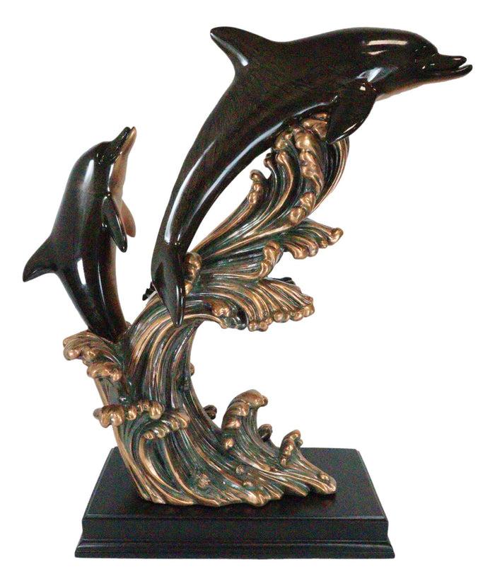 Large 23"H Nautical Marine 2 Bottlenose Dolphins Leaping Over Ocean Waves Statue