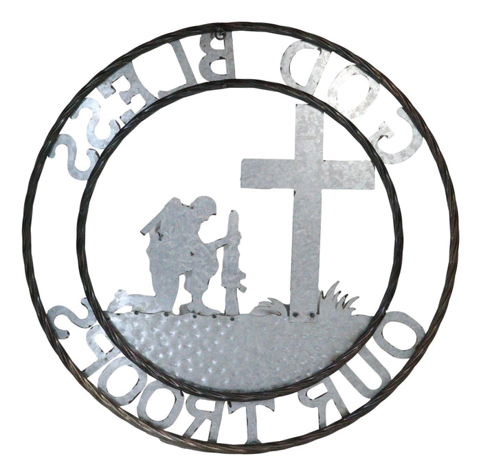 Large 24"D Rustic Western God Bless Our Troops Sign Metal Circle Wall Decor
