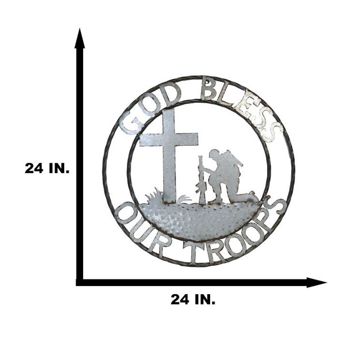 Large 24"D Rustic Western God Bless Our Troops Sign Metal Circle Wall Decor