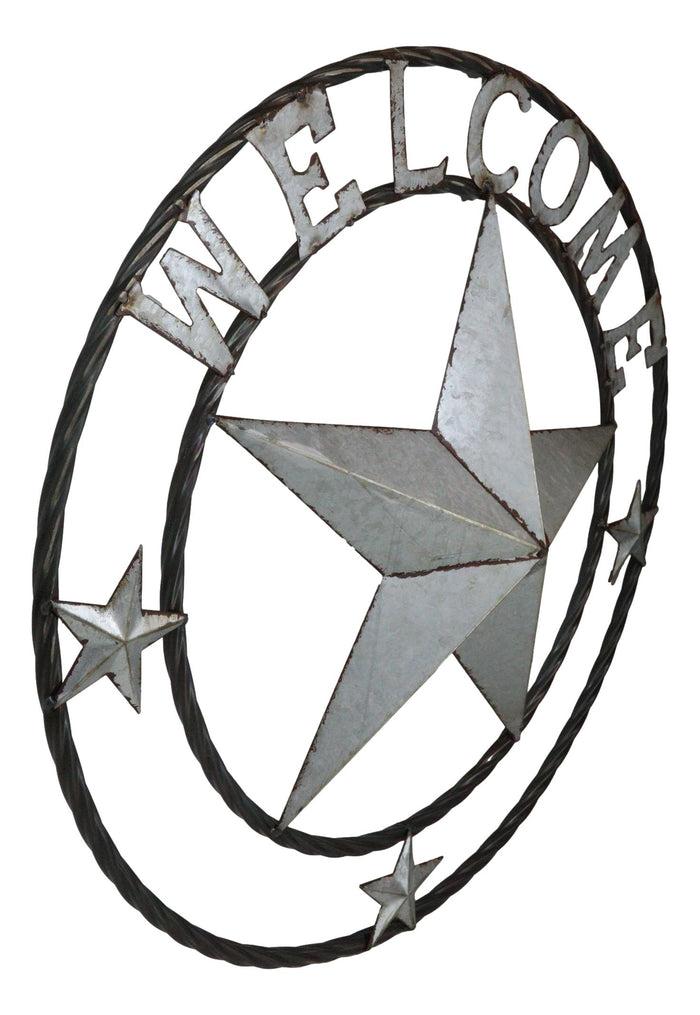 Large 24"D Rustic Western Lone Star Welcome Galvanized Metal Wall Circle Sign