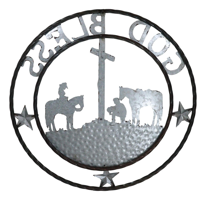 Large 24" Rustic Western Praying Cowboy Cowgirl God Bless Metal Wall Circle Sign