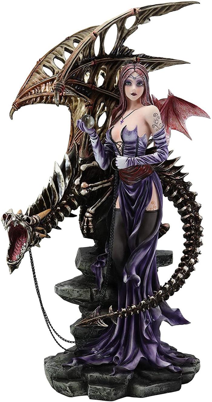 Large 26"H Gothic Soothsayer Psychic Fairy & Bone Skeletal Ghost Dragon Statue