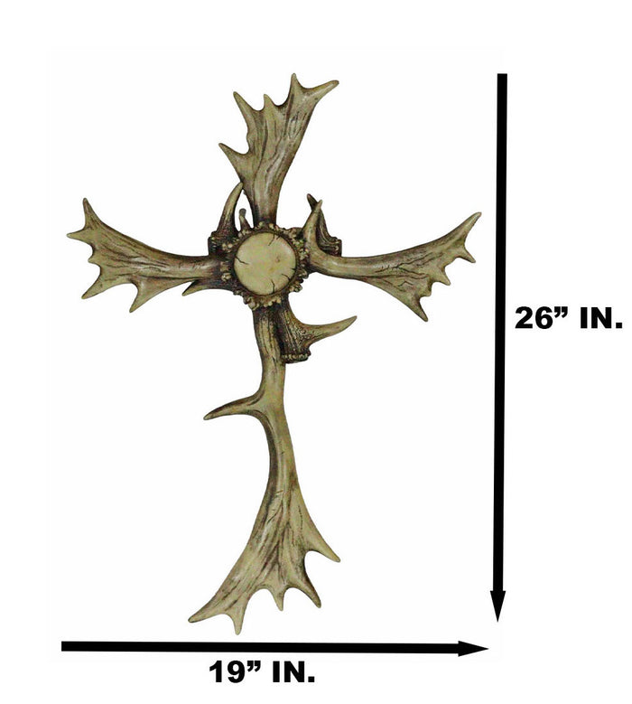Large 26"H Rustic Western Stag Elk Deer Bone Antlers With Burr Center Wall Cross