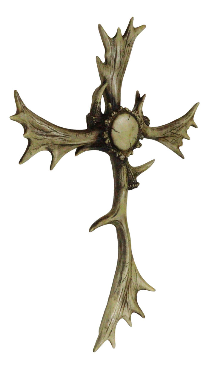 Large 26"H Rustic Western Stag Elk Deer Bone Antlers With Burr Center Wall Cross