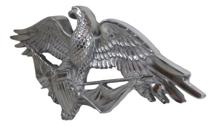 Large 26" Polished Aluminum Bald Eagle Clutching USA Flags And Crest Wall Decor