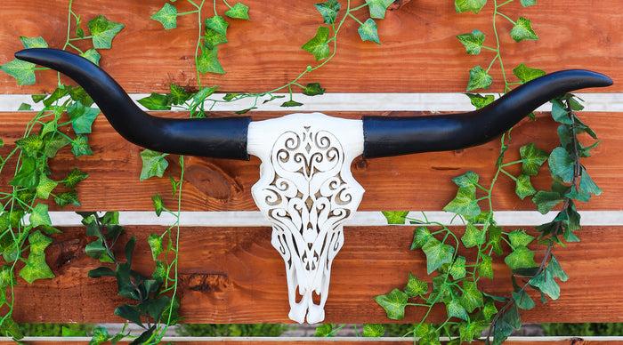 Large 27 Inch Long Legacy Longhorn Cow Black And White Tattoo Design Figurine