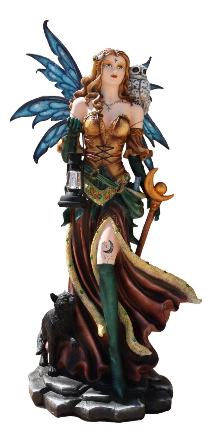 Large 4.5 Ft Moon Spell Caster Fairy With Owl Cat And Solar LED Lantern Statue