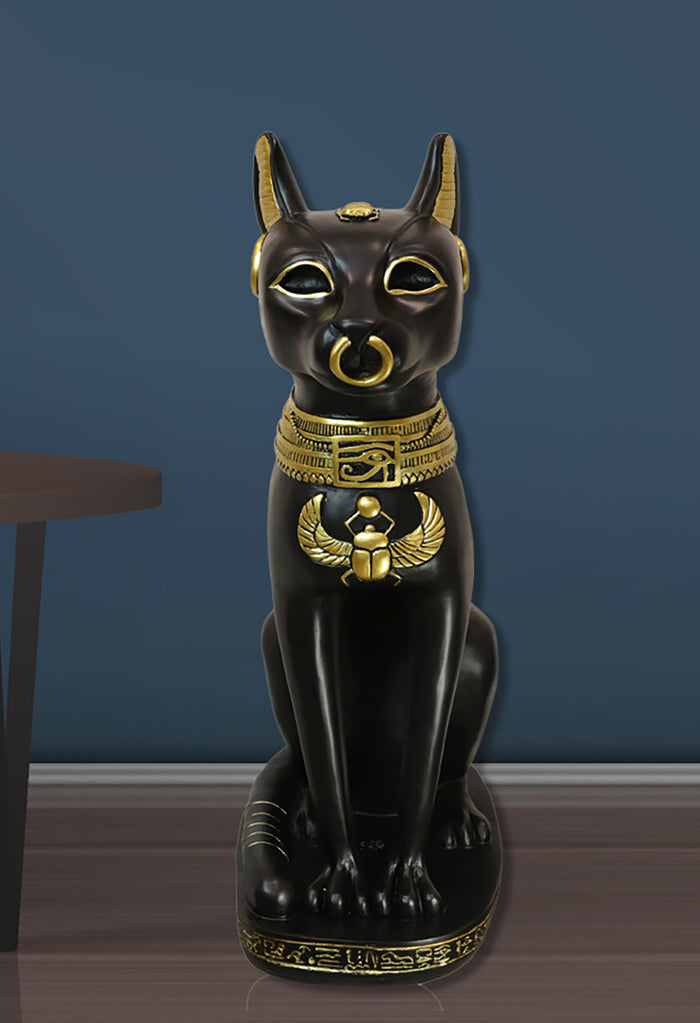 Large Black And Gold Egyptian Goddess Cat Bastet With Scarab Amulet Statue 37"H
