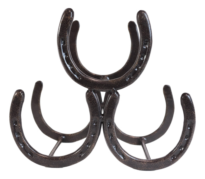 Large Cast Iron Rustic Farmhouse Stacked Horseshoes 3 Bottles Wine Holder Racks