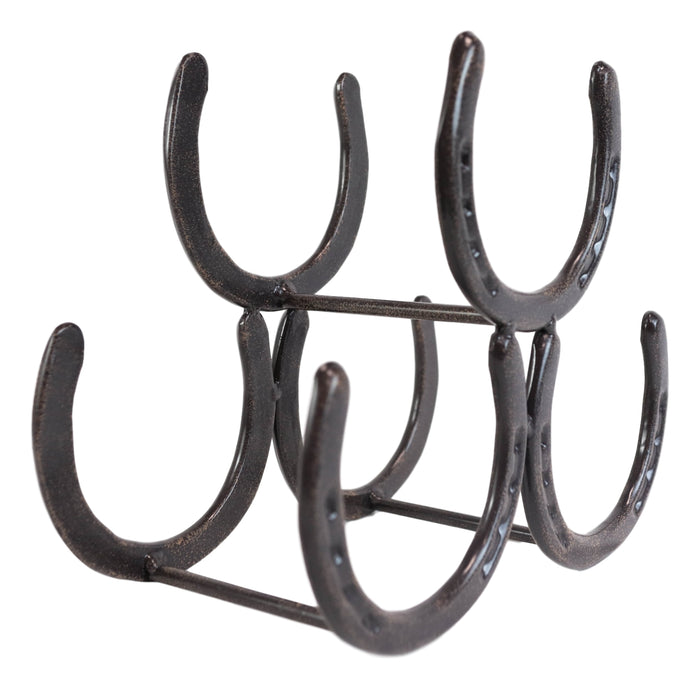 Large Cast Iron Rustic Farmhouse Stacked Horseshoes 3 Bottles Wine Holder Racks