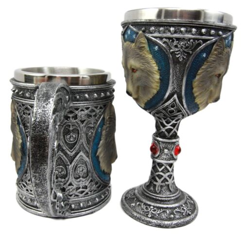 Large Celtic Blue Alpha Gray Wolf Mug And Wolf Wine Goblet Chalice Cup Set Of 2