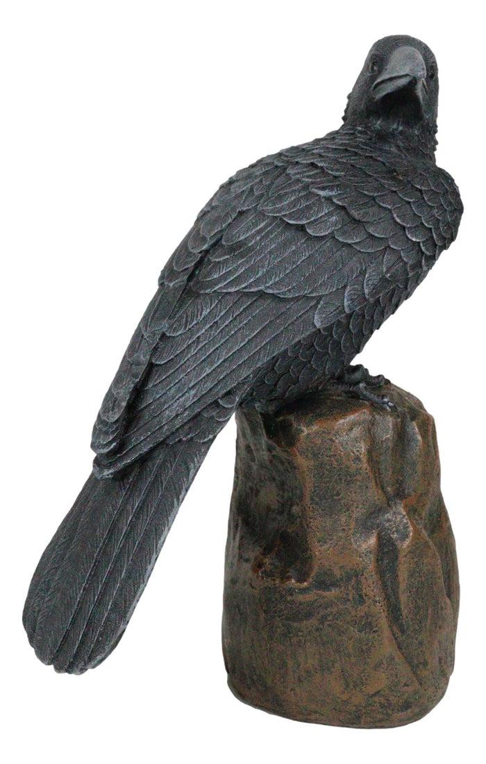 Large Dark Raven On Large Rock Platform Resin Statue Figurine 8" Height