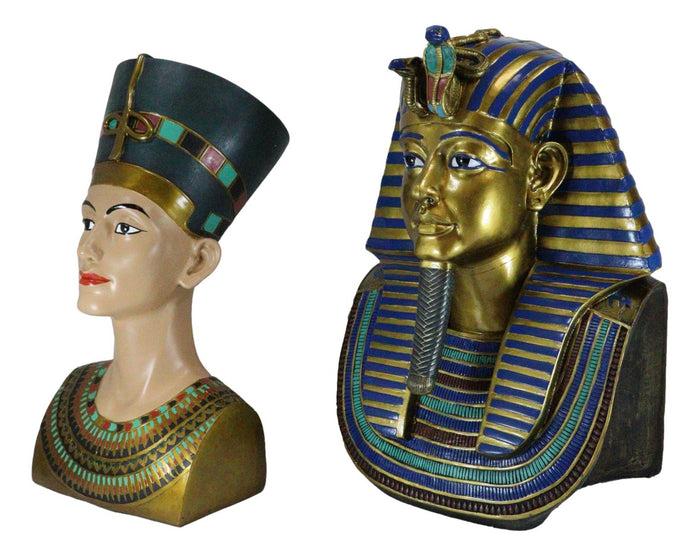 Large Egyptian Pharaoh King Tut And Queen Nefertiti Bust Statue Set Of 2 Decor