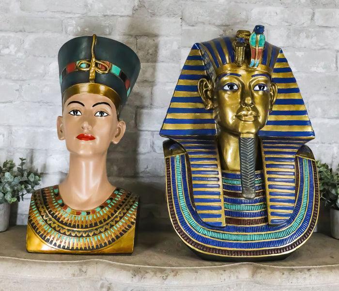 Large Egyptian Pharaoh King Tut And Queen Nefertiti Bust Statue Set Of 2 Decor