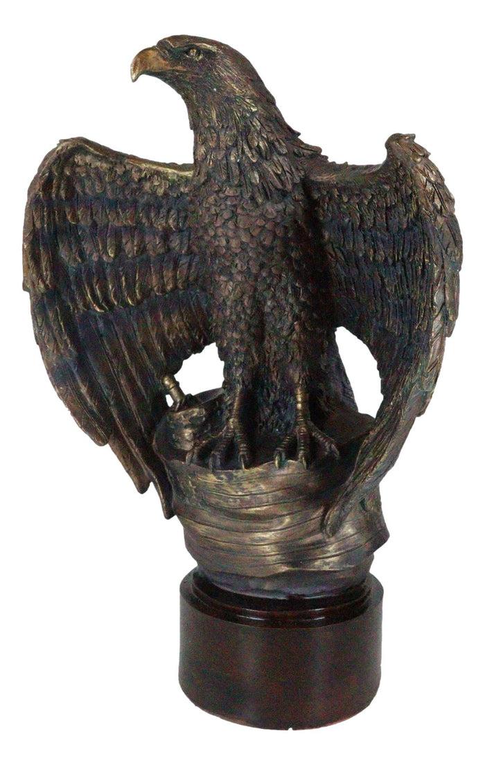 Large Grand Bald Eagle Perching On USA American Flag Figurine With Round Base