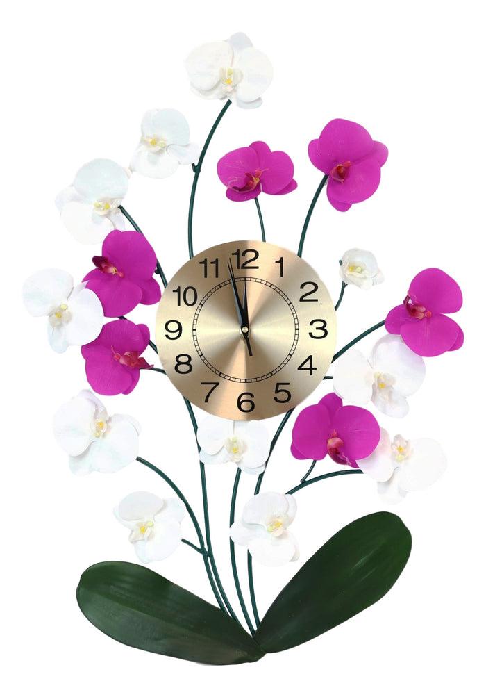 Large Lifelike White Purple Floral Orchid Blooms Gold Plated Metal Wall Clock