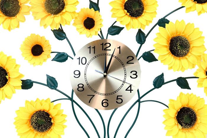 Large Lifelike Yellow Sunflowers Floral Blooms Gold Plated Metal Wall Clock