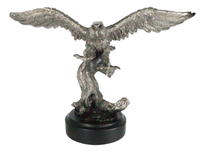 Large Majestic Electroplated Pewter Silver Bald Eagle Catching Prey Statue
