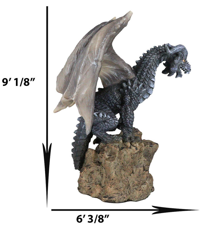 Large Medieval Sentry Abraxas Black Dragon Standing On Stump Rock Statue 9.25"H